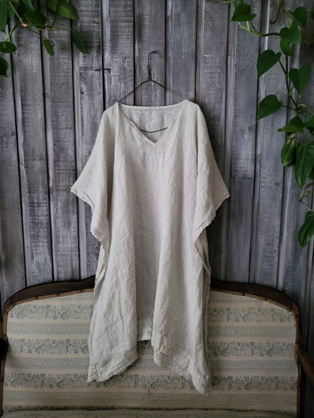 Elemente Clemente Beige Pure Linen V-Neck Kaftan Poncho Tunic Dress Oversized EG